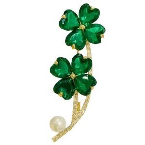 Gold Green and Rhinestone Four Leaf Clover Brooch